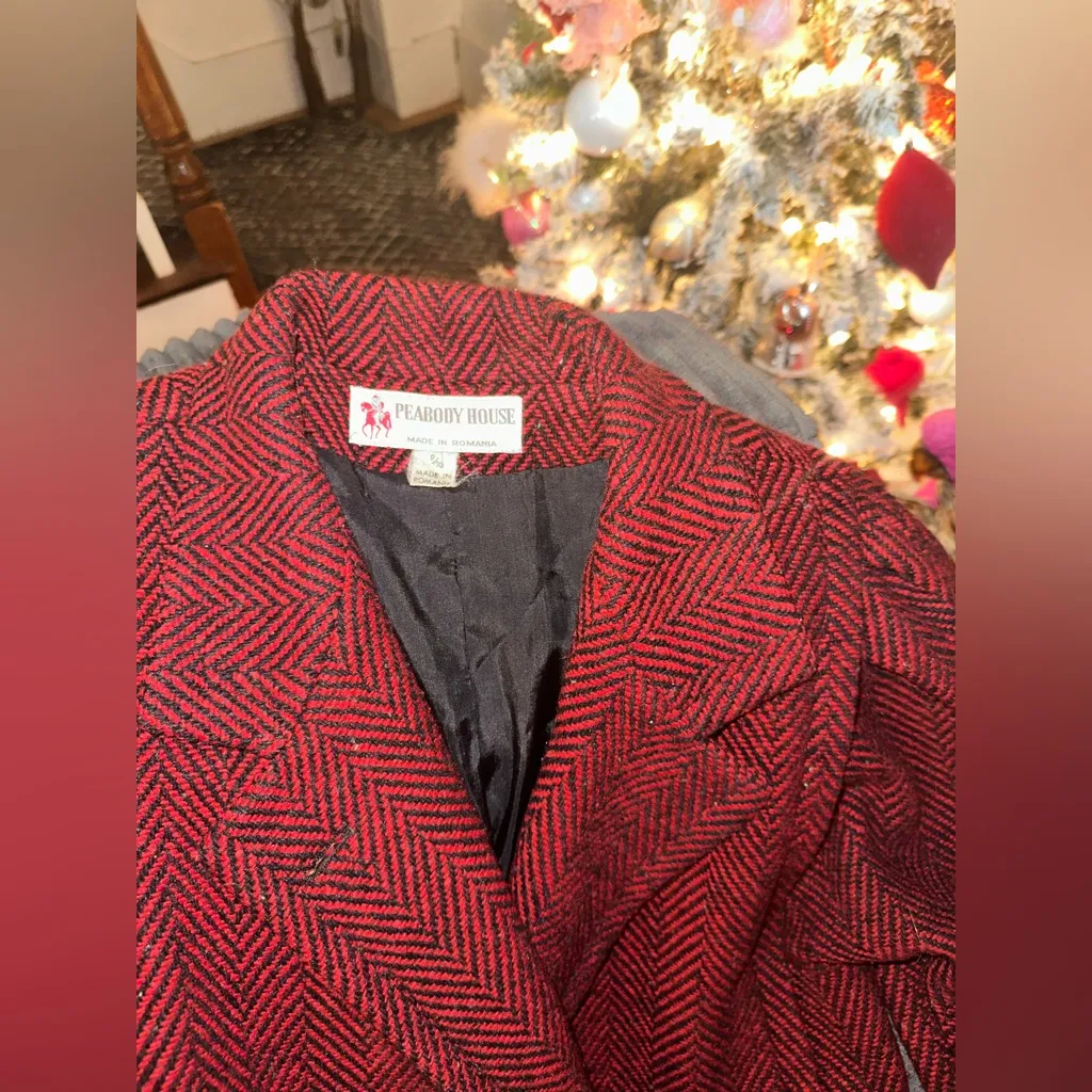Vintage Peabody House Red/Black Herringbone Tweed Double Breasted Peacoat Red Size 9/10 - Image 3
