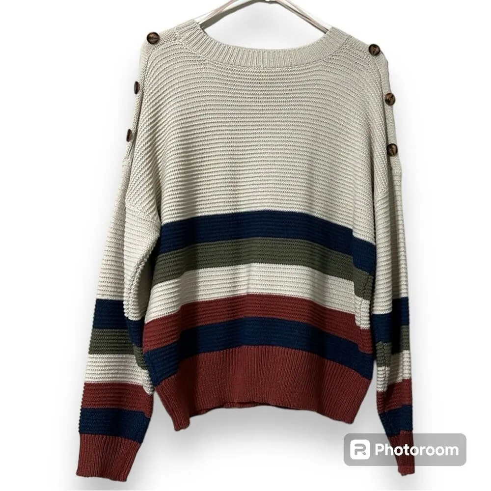eesome women's size med/large drop shoulder striped pullover cream sweater Green - Image 4