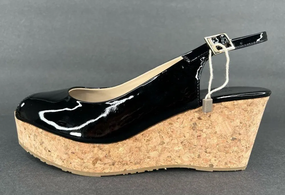 Jimmy Choo Praise Black Patent Cork Wedge Heel Slingback Pumps Size EU 37.5 - Image 8