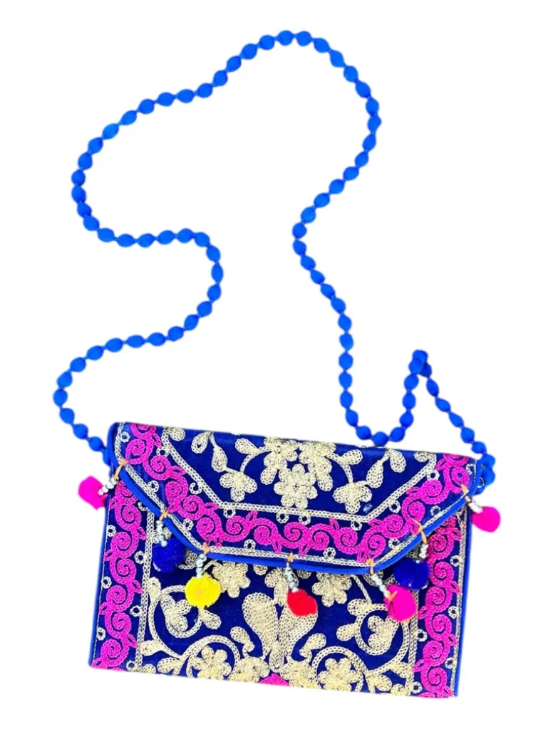 Artisan Ethnic Pom Pom Embroidered Shoulder Bag Hot Pink Blue Boho Crossbody - Image 1