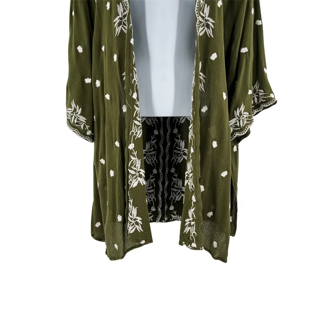 Blue Rain Open Kimono Oversized Embroidered Floral Shawl Poncho Top - Image 3