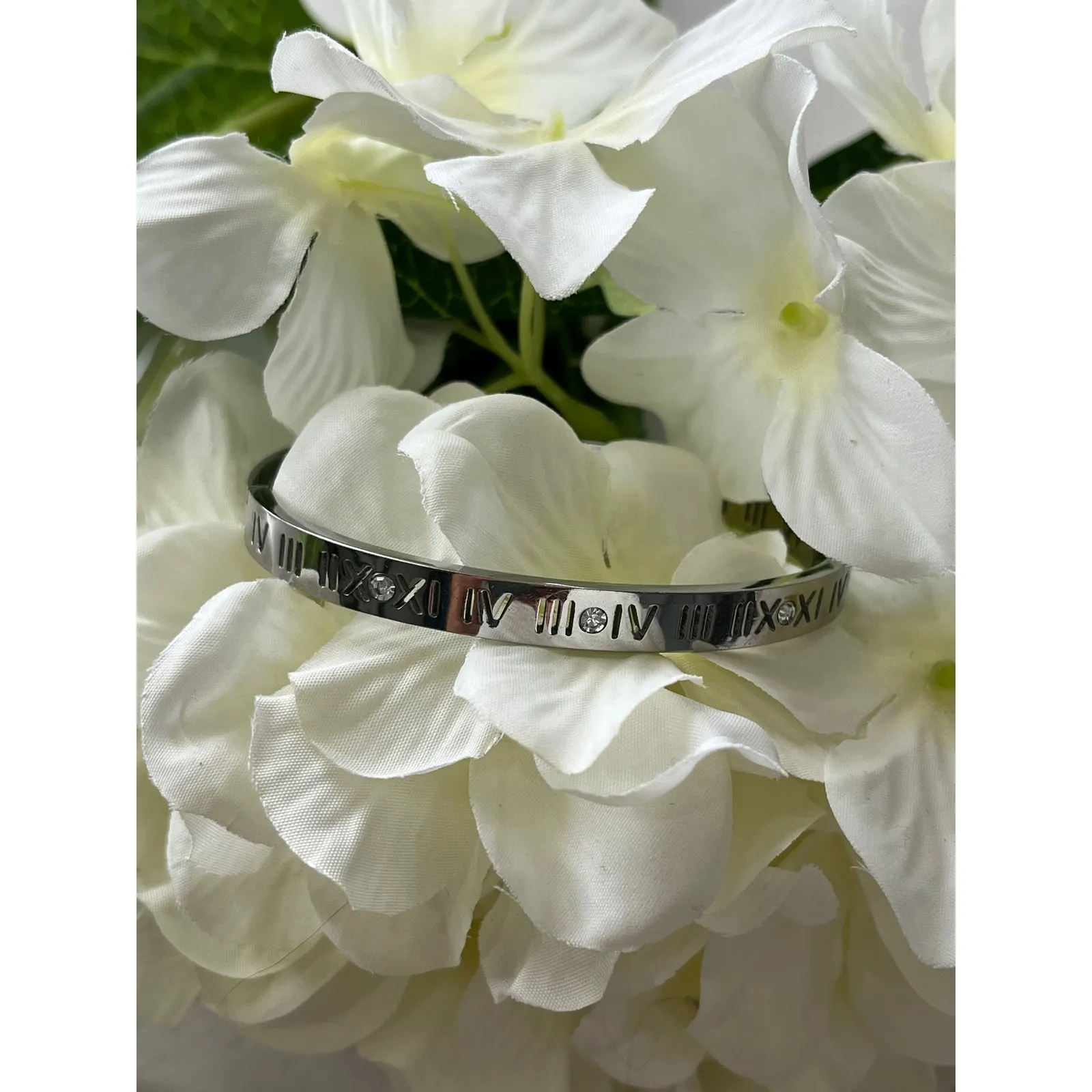 Silver‎ Tone Roman Numeral Bangle Cuff Bracelet with Rhinestones Silver - Image 2