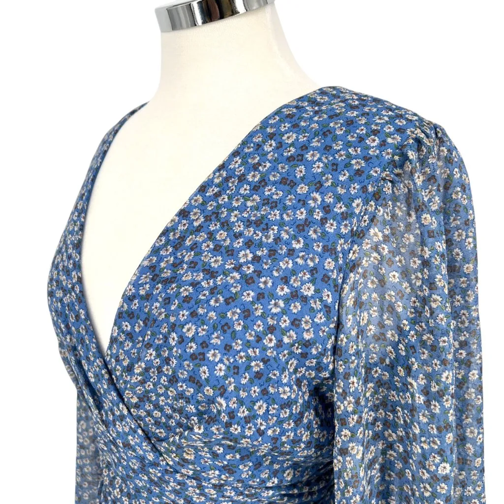 Bardot Floral V-Neck Long-Sleeve Mini Dress Ruffled Ruched Blue Size XL - Image 4