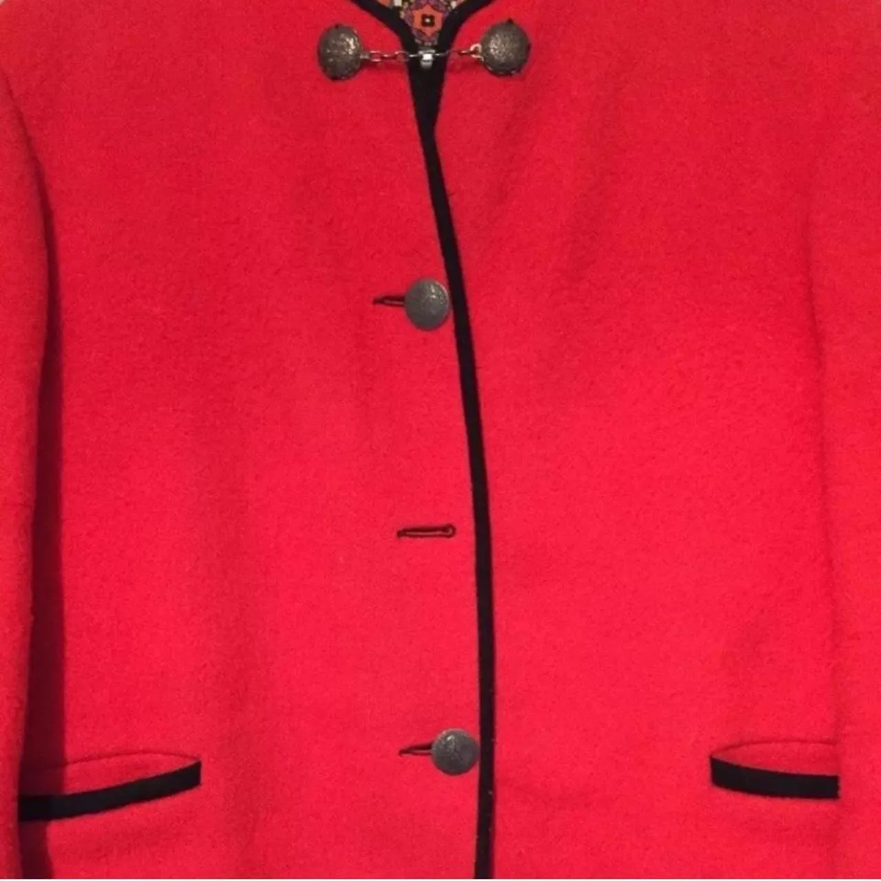 Vintage 1960’s Red Black Trim Wool Coat Jacket - Image 5