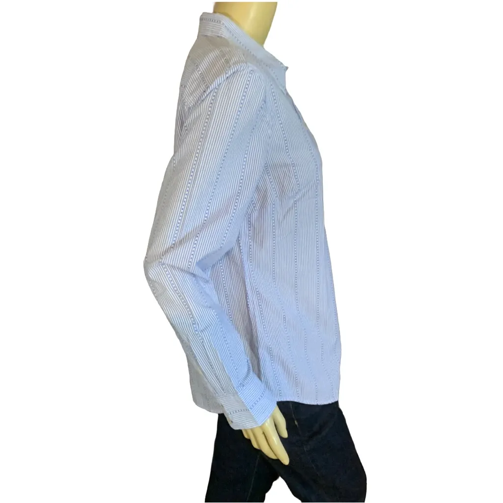 TALBOTS BLUE & WHITE STRIPES & DOTS COTTON BUTTON DOWN TOP (M) - Image 6