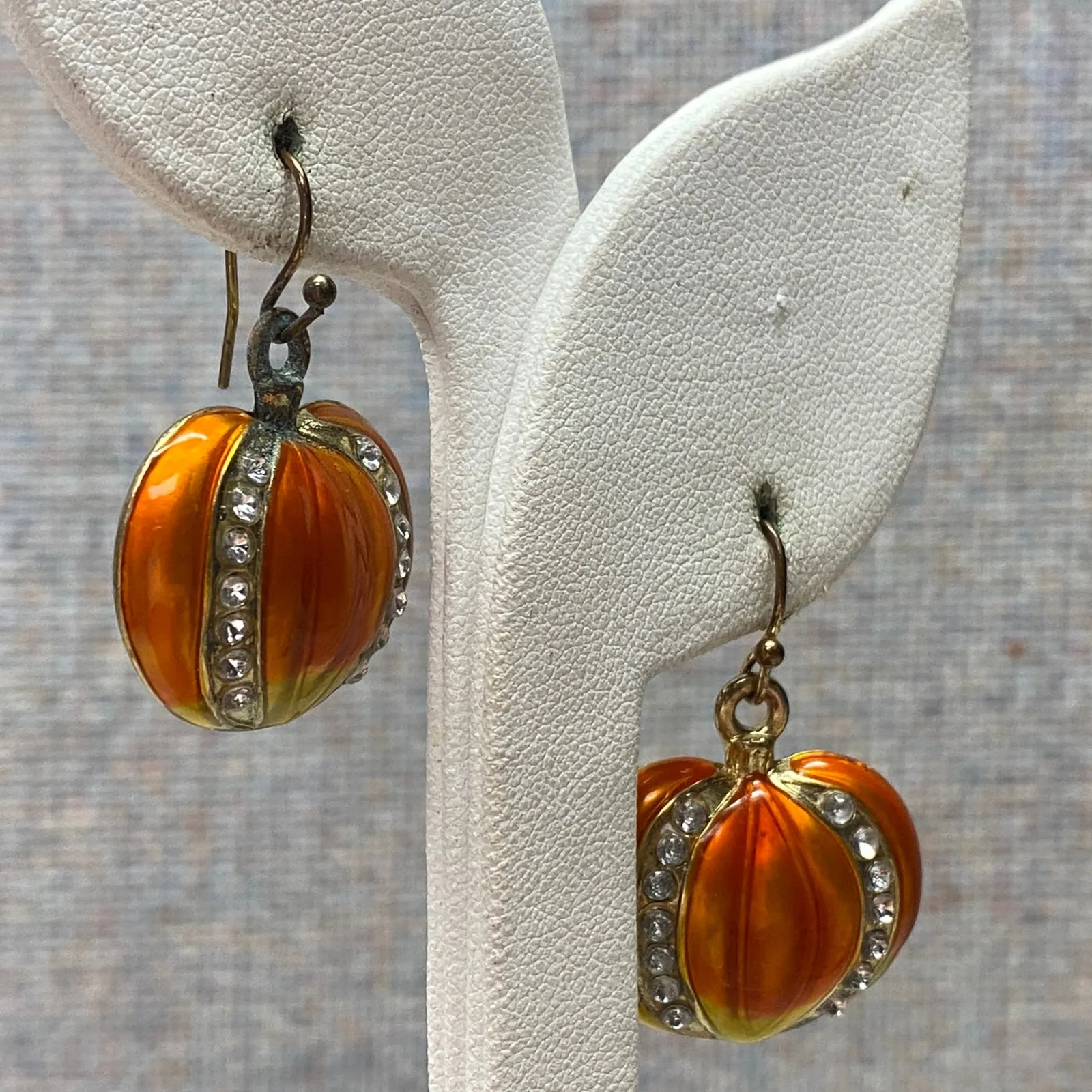 Sparkly Fall Season Pumpkin Enamel Rhinestone Drop Earrings Halloween Jewelry Orange - Image 4