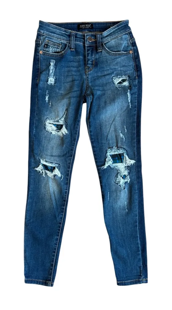 JUDY BLUE Green Blue Plaid Patch Skinny Fit Jeans Size 0/24 Women’s - Image 1