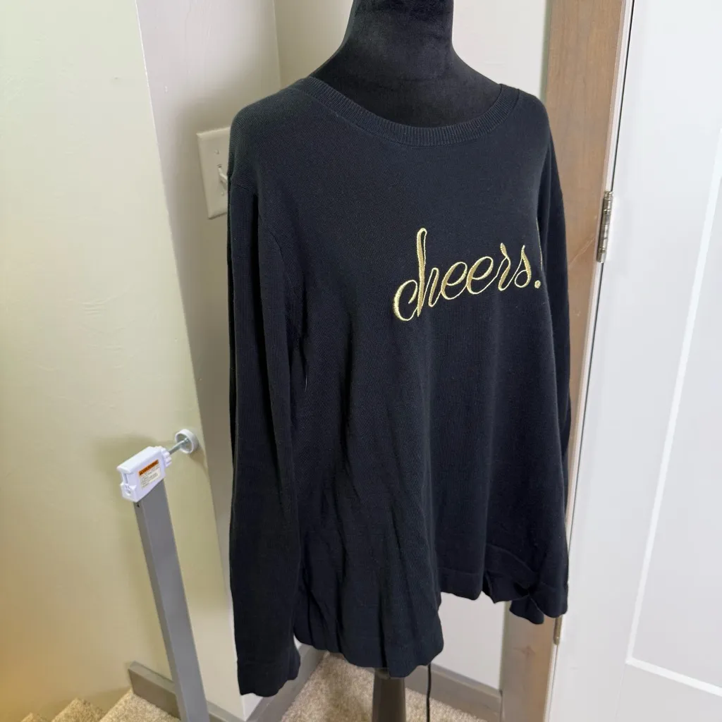 J. Crew Factory 'Cheers!" Crewneck Sweater Black Gold 100% Cotton Knit 3X - Image 3