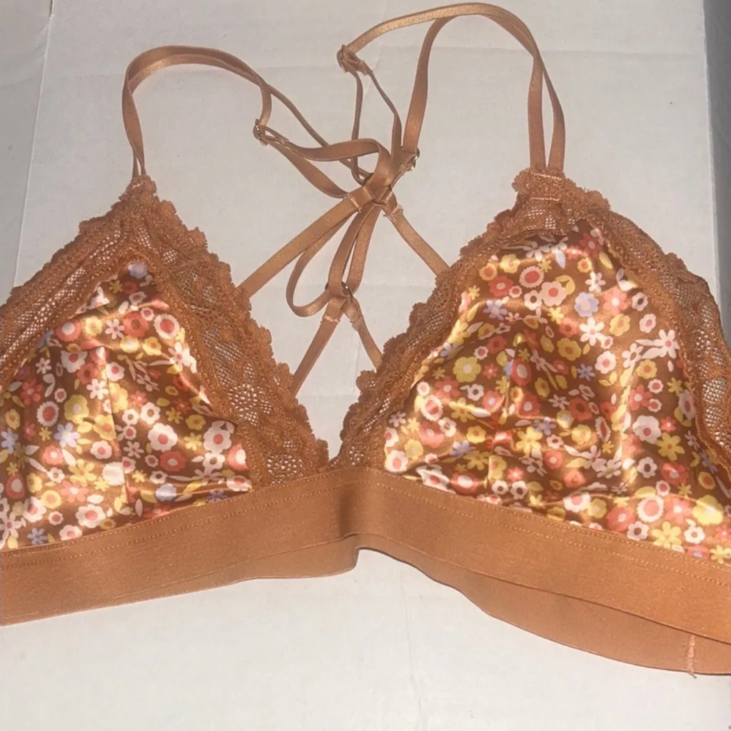 NWOT Aerie Orange Floral Satin Lace Triangle Racerback Bralette Size Medium - Image 2
