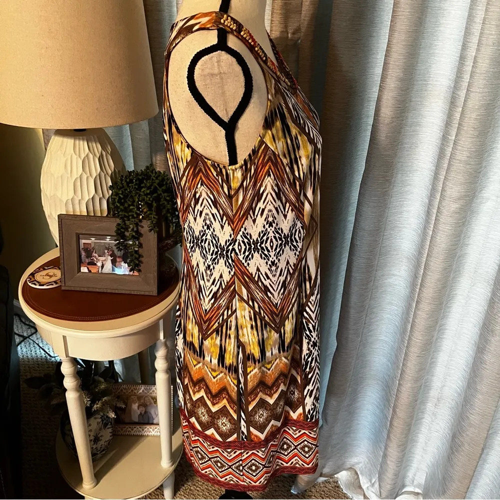 Dress Barn Women SZ 8 Brown Orange Dress Tribal Aztec Sleeveless Beaded Neckline - Image 14