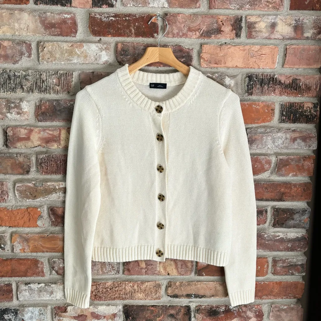 Gap White Cotton Button Front Crew Boxy Cardigan Sweater, S - Image 2