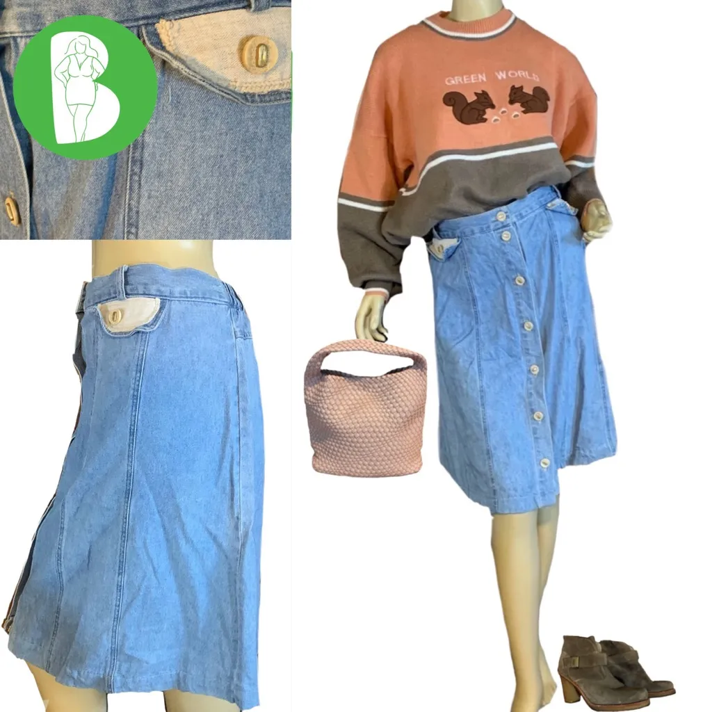 VINTAGE CIRCA 1990'S CITY GIRL BUTTON FRONT DENIM MIDI SKIRT (22W) Blue - Image 2