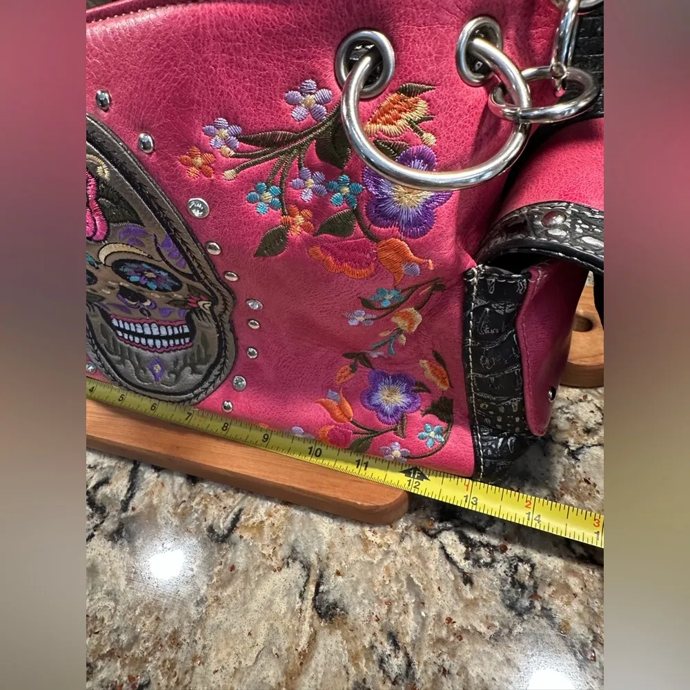 Sugar Skull Handbag Concealed Carry Shoulder Day Of The Dead Purse Pink Black - Image 12