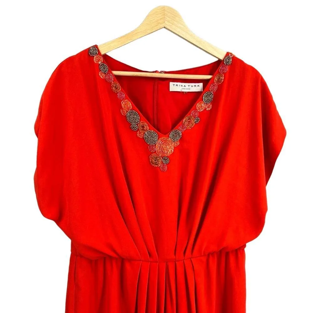 Trina Turk Dress Red Beaded V-Neck Short Sleeve Size 8 - Image 2