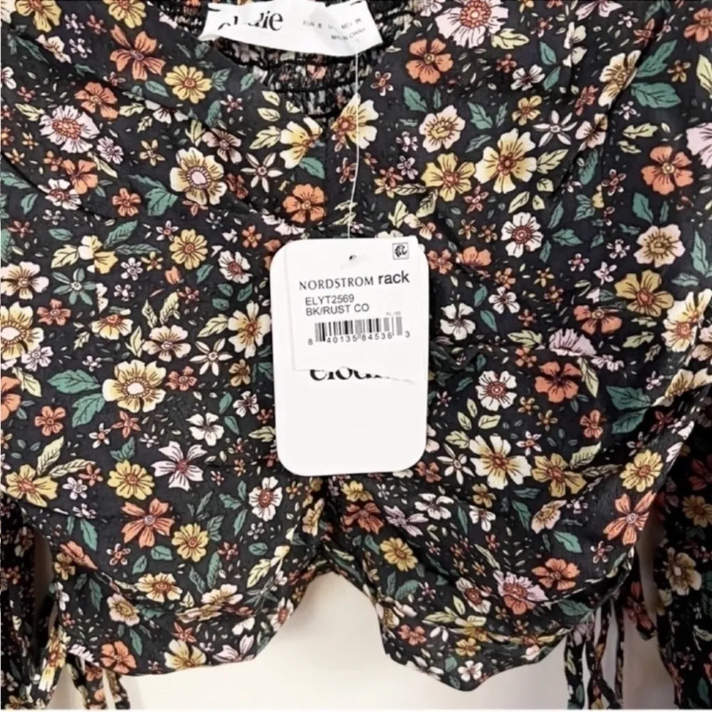 Elodie Ruched Crop Top Side Tie Long Balloon Sleeves Floral Size Small NEW - Image 3