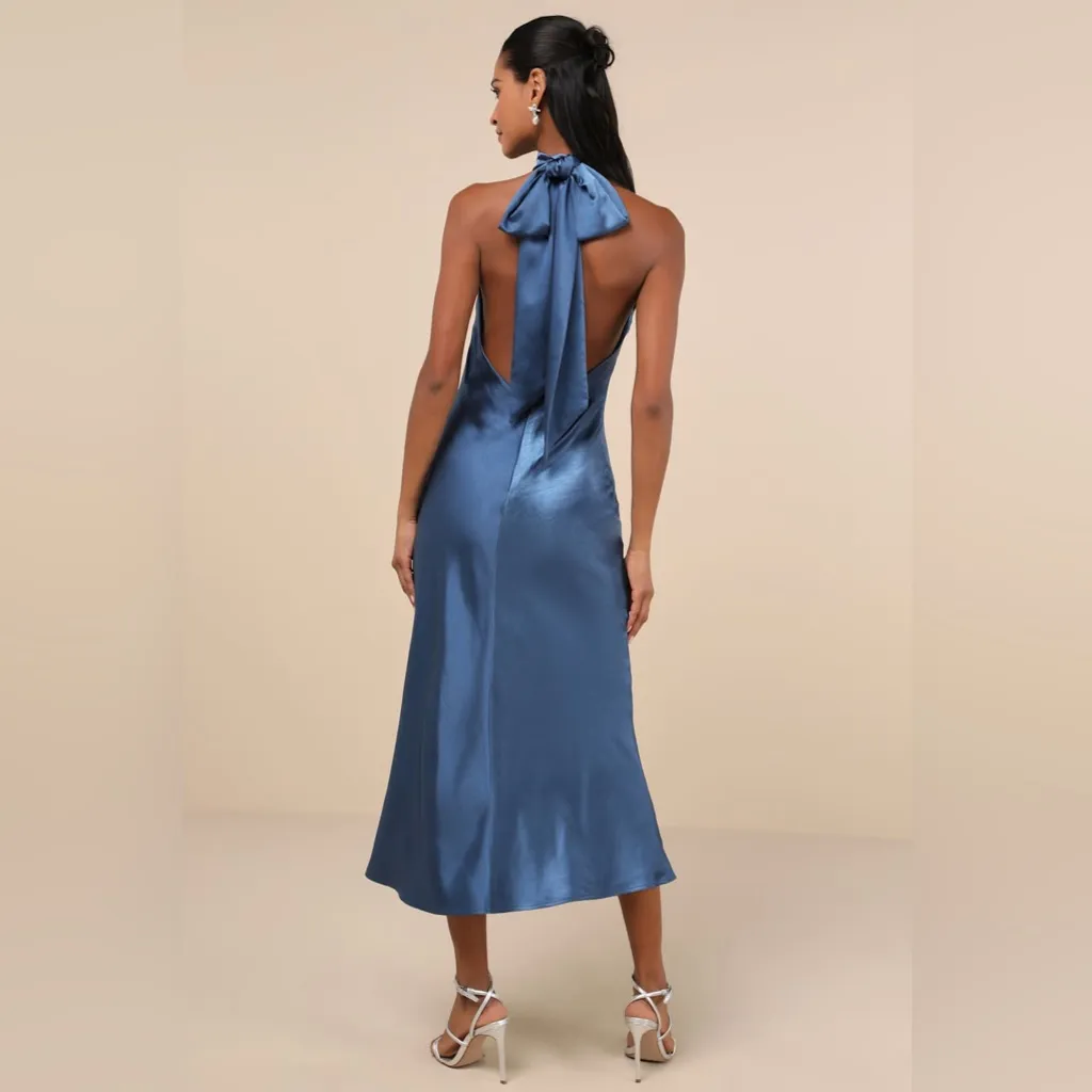 LULU’S Exceptional Status Blue Halter Backless Slip Midi Dress - Image 6