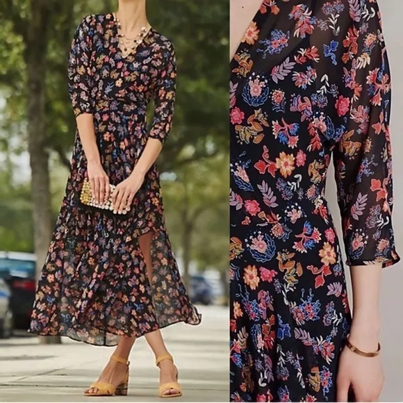 Anthropologie HD in Paris Varina Dress Black Floral Maxi Sheer Dress Size 0 - Image 2
