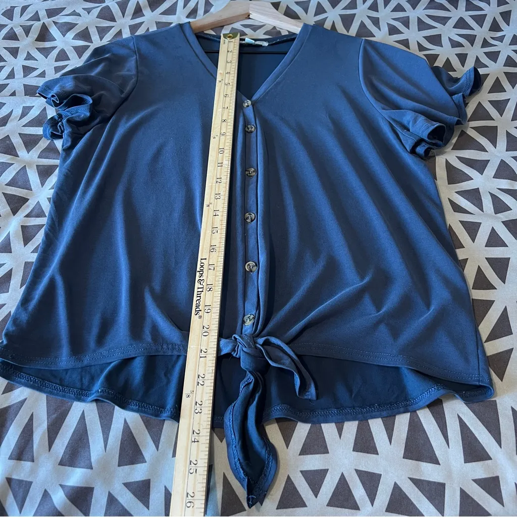 Green Envelop Soft Modal Blue V Neck Button Front‎ Flutter Sleeve Popover Top Size M - Image 10