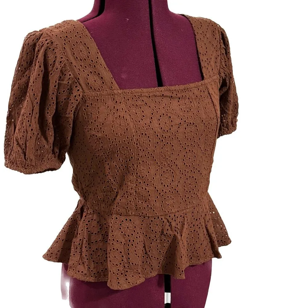 BAND OF THE FREE Palmer Eyelet Lace Walnut Brown Boho Peplum Top NWT Large - Image 4