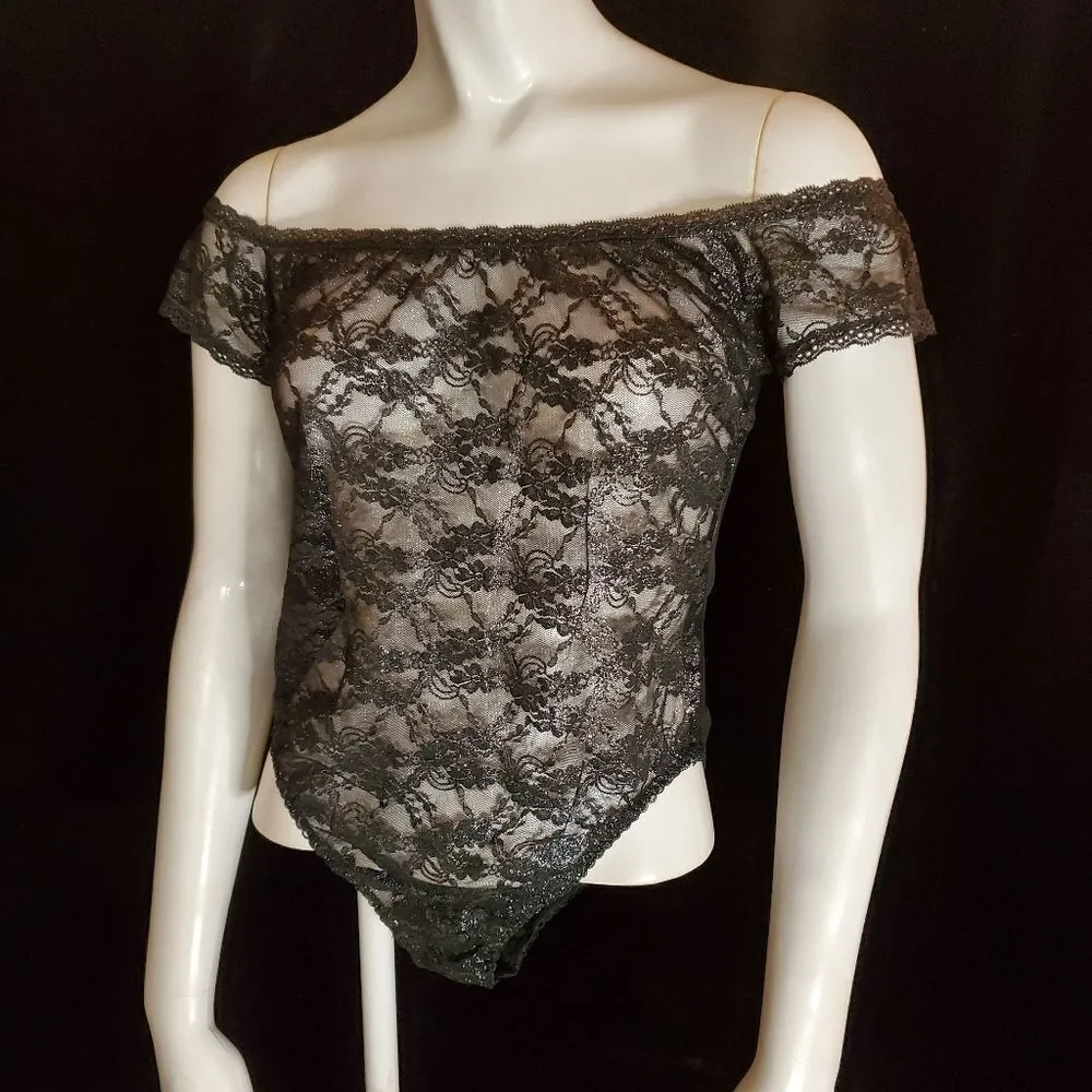 NWT Victoria's Secret Black & Silver Floral Lace Bodysuit (S) - Image 3