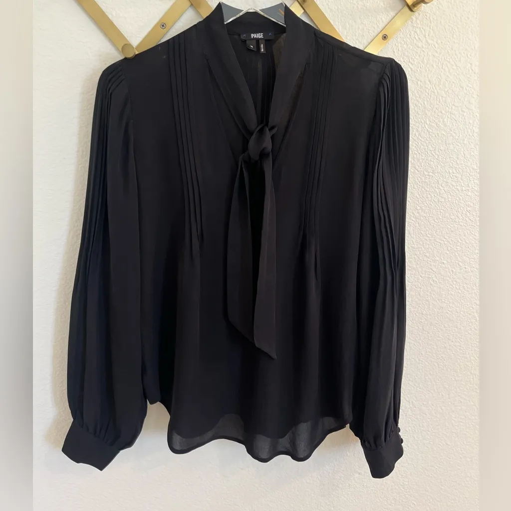 Paige Denim Chiffon Pleated Front Tie Top Black Small - Image 2