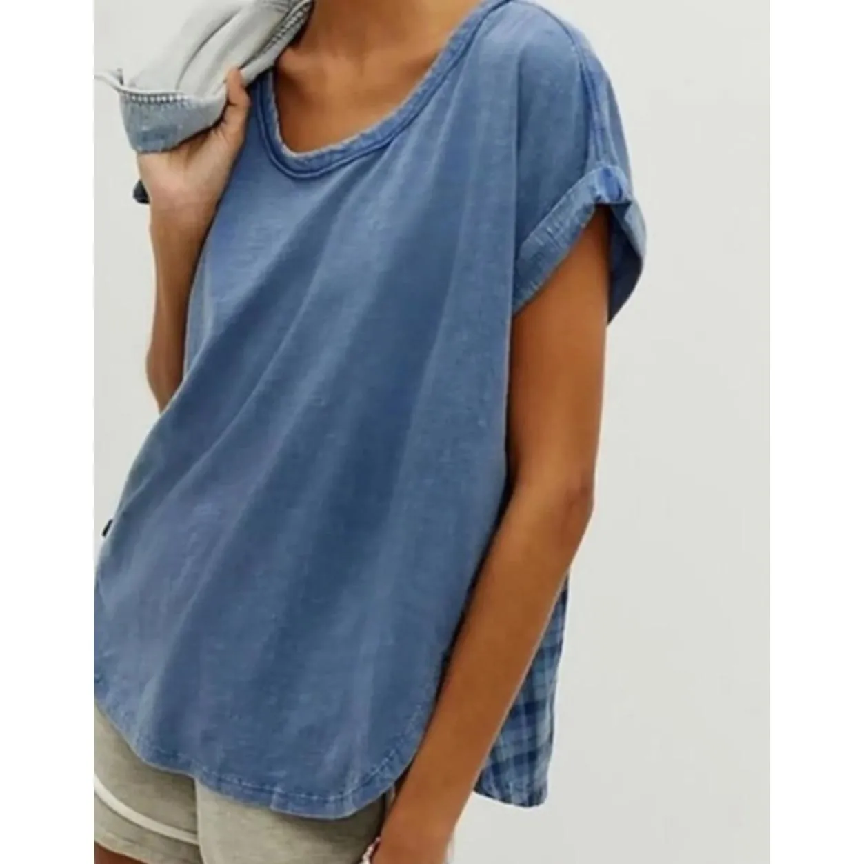 Pilcro Blue Mixed Media Blue Plaid Short Sleeve Cuffed T-Shirt - Size - Small - Image 3