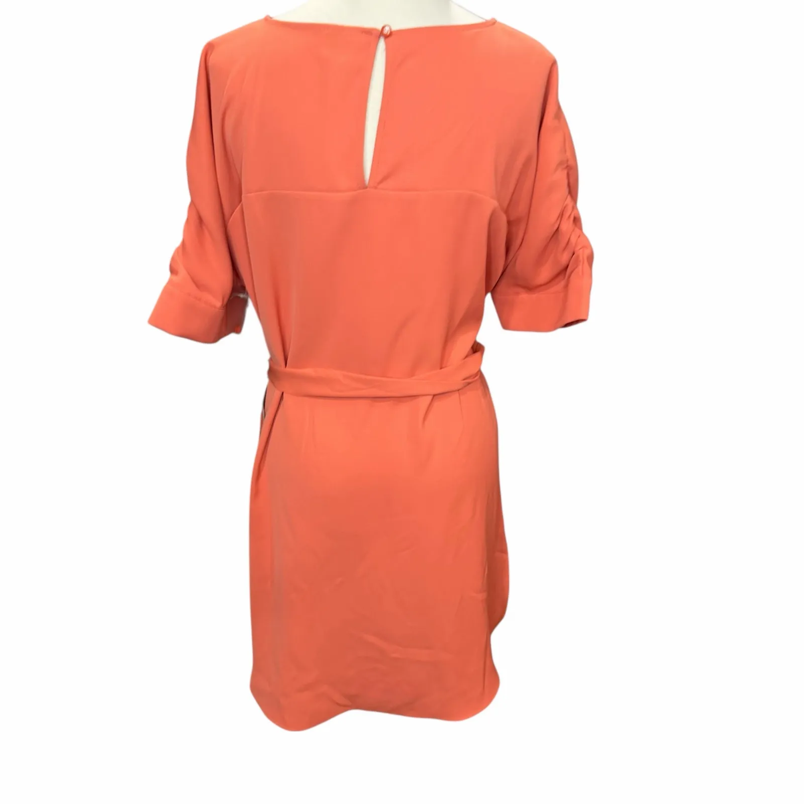 Worthington Dress Womens M Coral Ruched Sleeves Self Tie Belt Preppy Modest Chic - Image 5