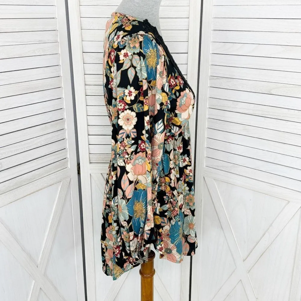Angie Boho Floral Lace Trim Neck Tunic Blouse Black Multi Medium - Image 3