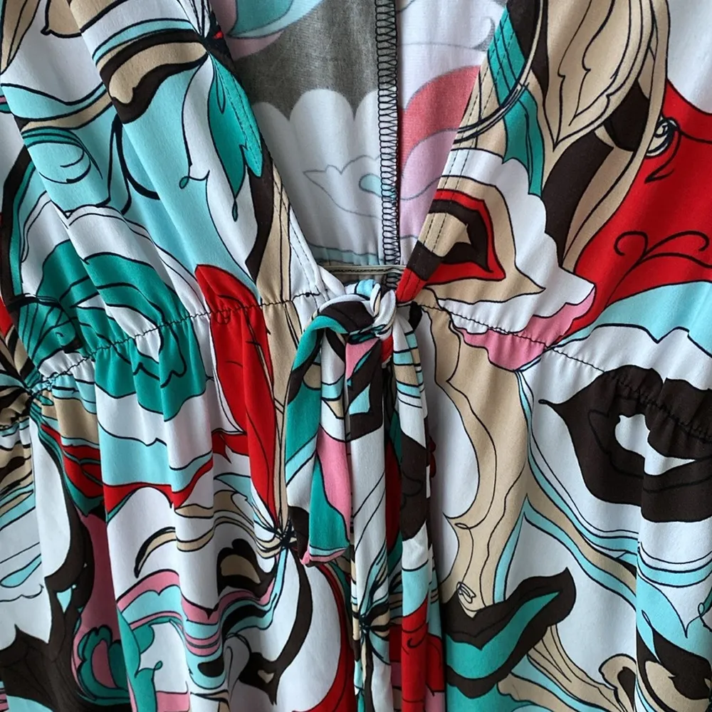 Lily 🩵 Geometric Retro Patterned Long Open Topper, Elastic Waist Front Tie, 2X Blue - Image 4