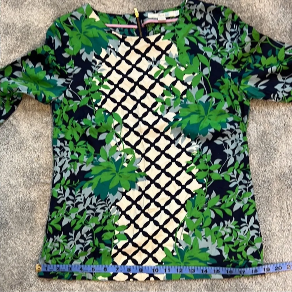 Boden Elisa top short sleeve silk blend back zips up blue green ivory, size 4 - Image 11
