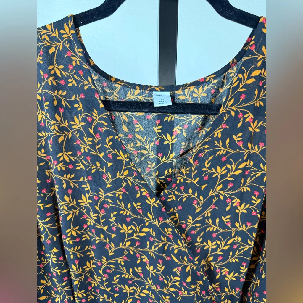 Black Floral Long Sleeve Midi Dress Ruffle Hem Flowy Fit Women’s XL Old Navy - Image 4