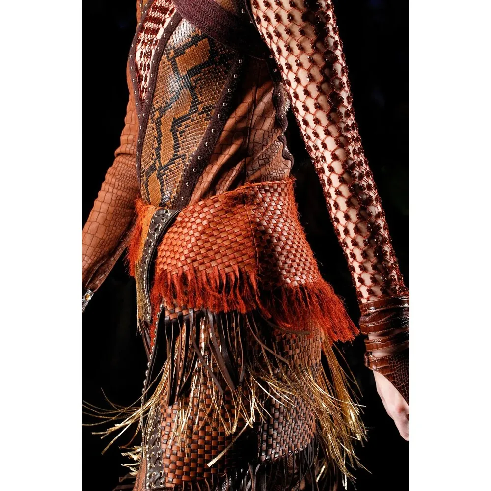 Balmain Fall 17 Runway Skirt Brown Tribal Lamb Leather Gold Fringe Brass Kendall - Image 3