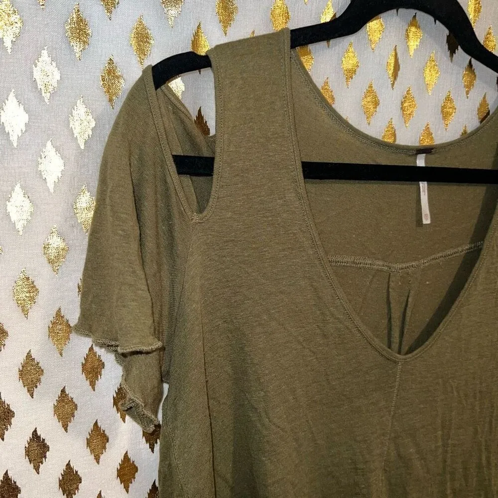 Free People Bittersweet Cold Shoulder Gold Green Short Sleeve Top blouse size XS - Image 5
