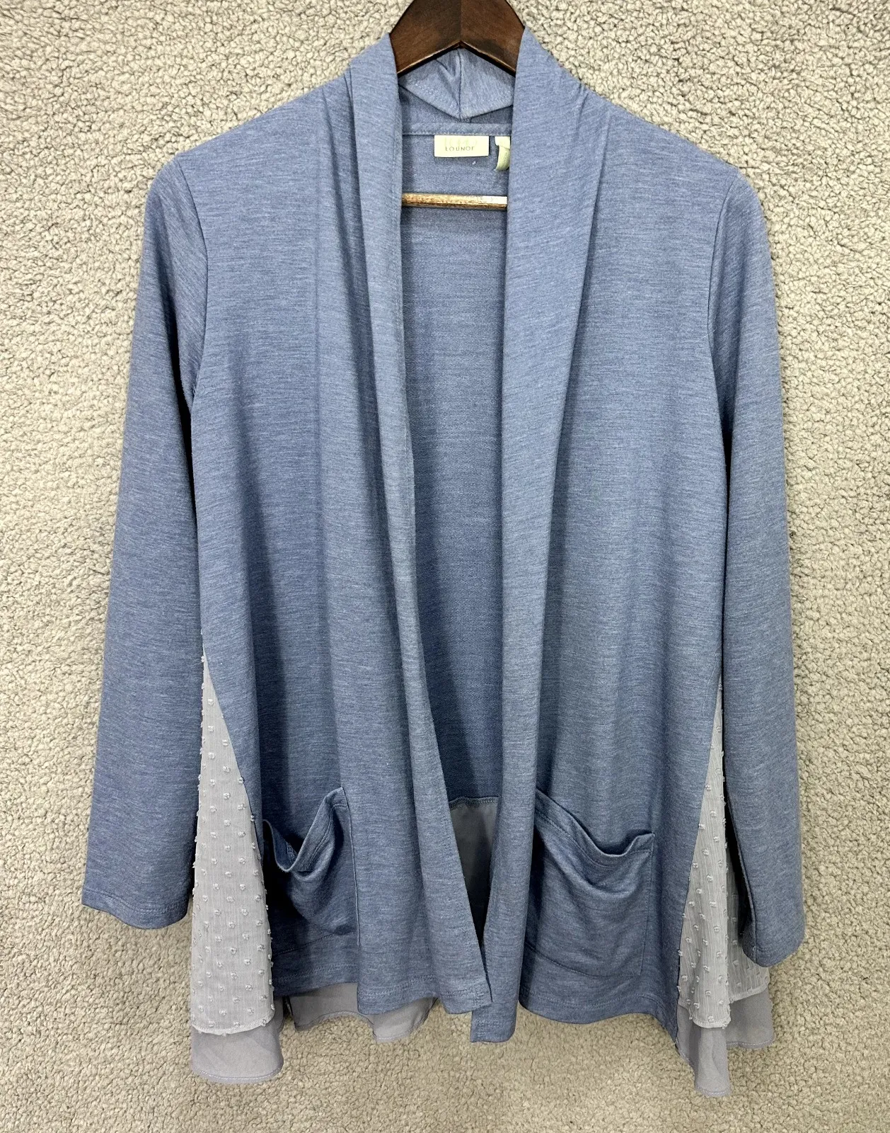 LOGO Lounge Cardigan Womens XS Blue Open Front Drape Pockets Boho Layered Cozy - Image 1