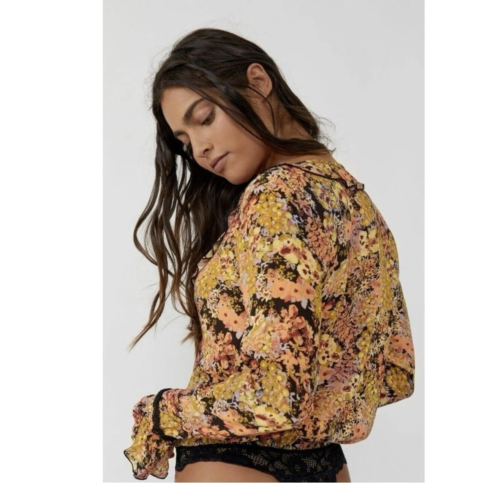 NWT Free People Heat Wave Midnight Combo Floral Black Long Sleeve Bodysuit - Image 4