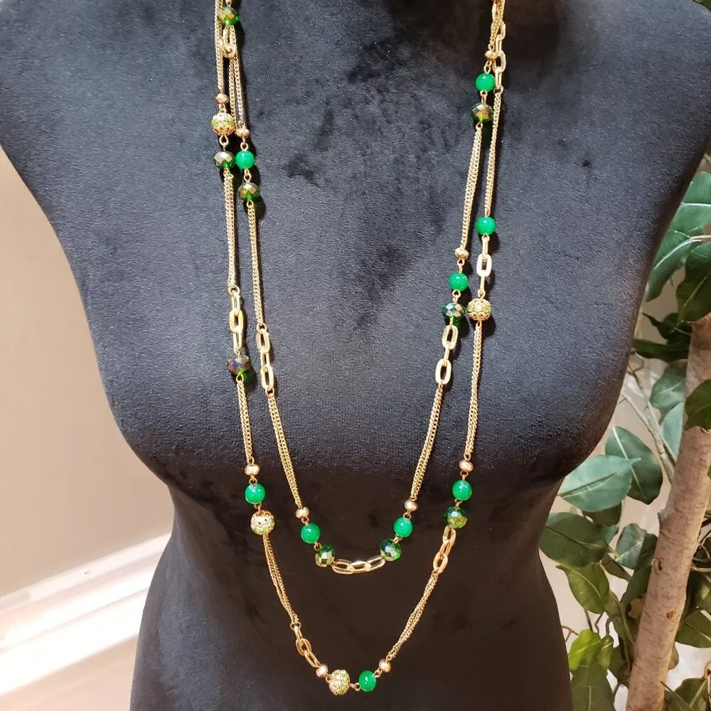 Women Gold Tone 2 Strand Green Emerald Beads Metal Faceted Bowl Station Necklace - Image 2