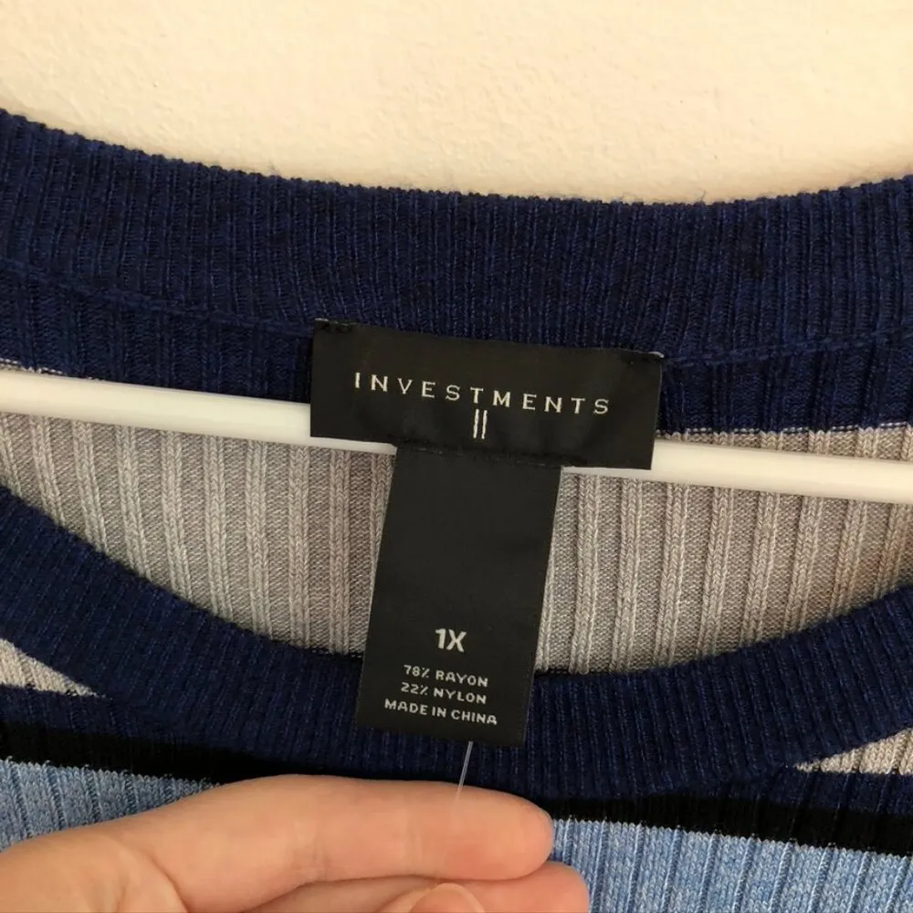 NEW NWT INVESTMENTS Plus Size Blue Light Blue Black Striped Crew Neck Sweater 1X - Image 4