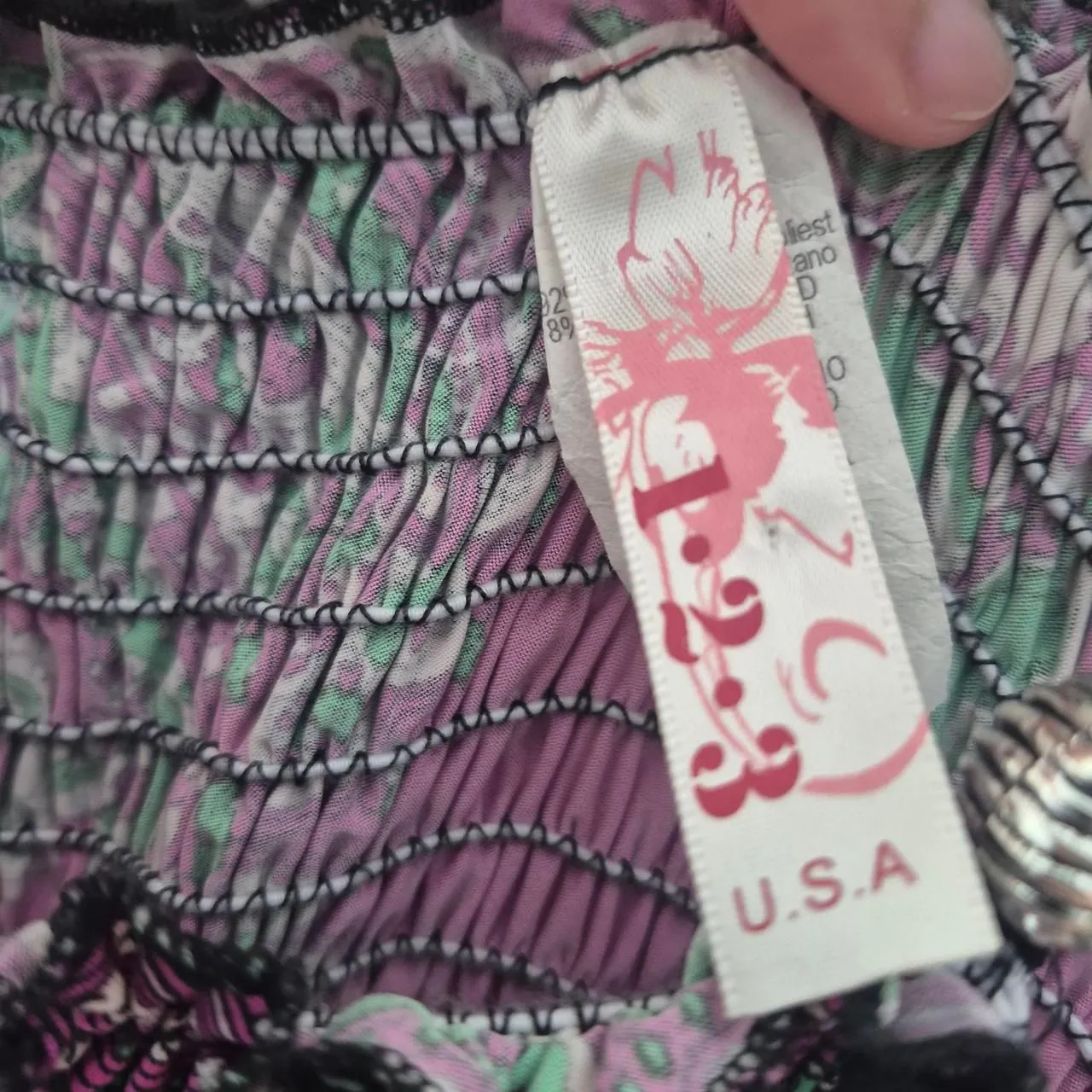 Y2K Purple Green Paisley Smocked Halter Dress Vintage Size Large - Image 4