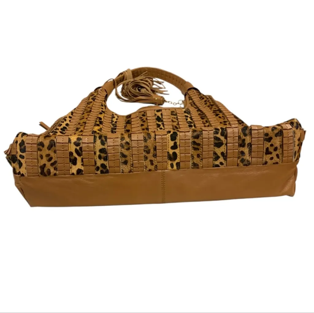 SHARIF 1827 Leather & Leopard Calf Hair Hobo Bag Tassel Boho Vintage Mob Wife Tan - Image 7
