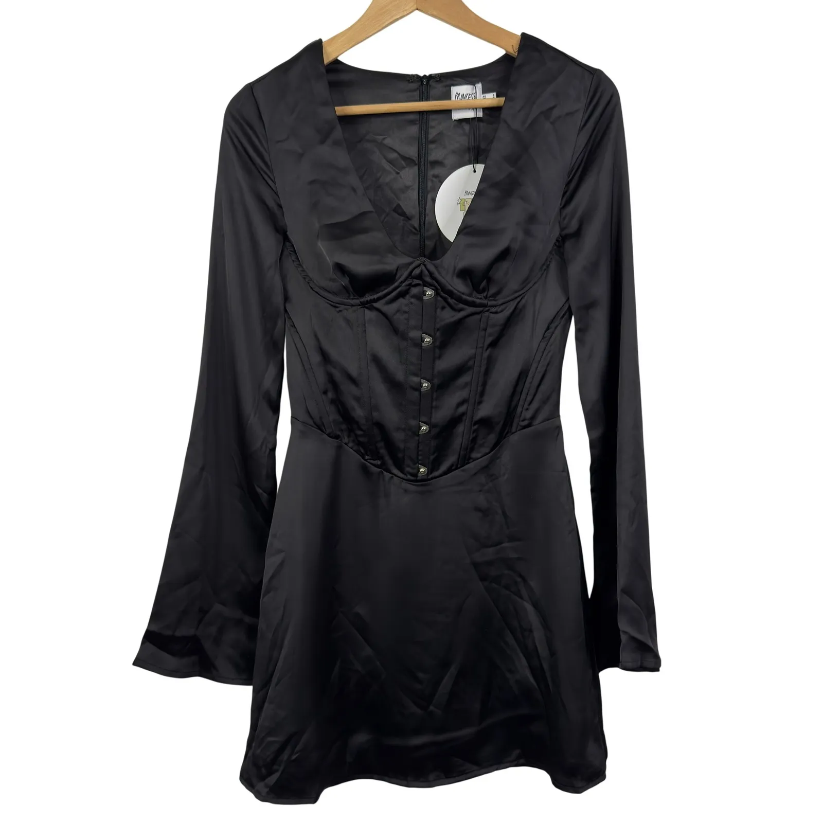 Princess Polly Gael Long Sleeve Mini Dress Black Corset Fit Flare NWT - Image 2