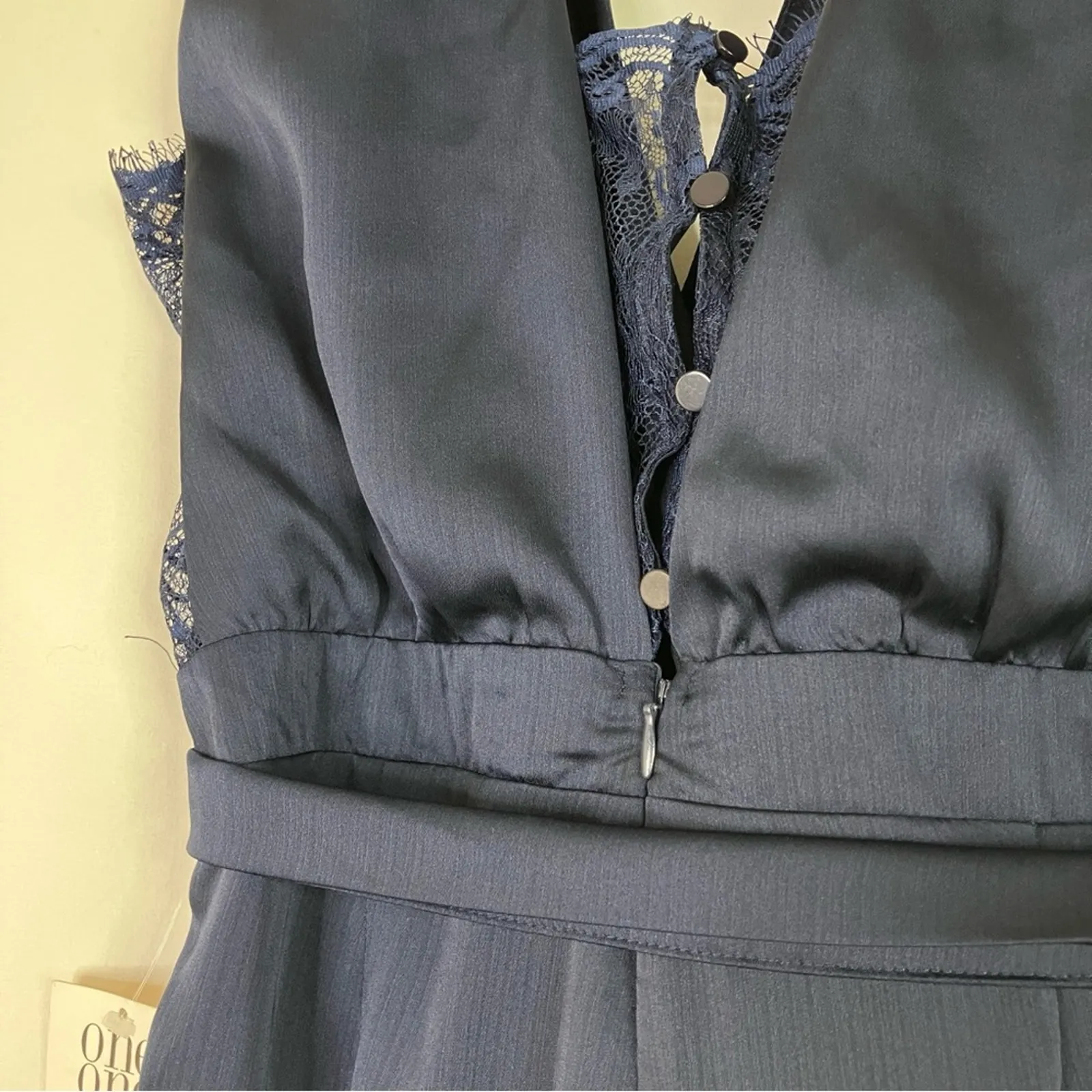 One One Six | Navy Blue Satin Jumpsuit Lace Detail Polyester Women's Small - Image 10