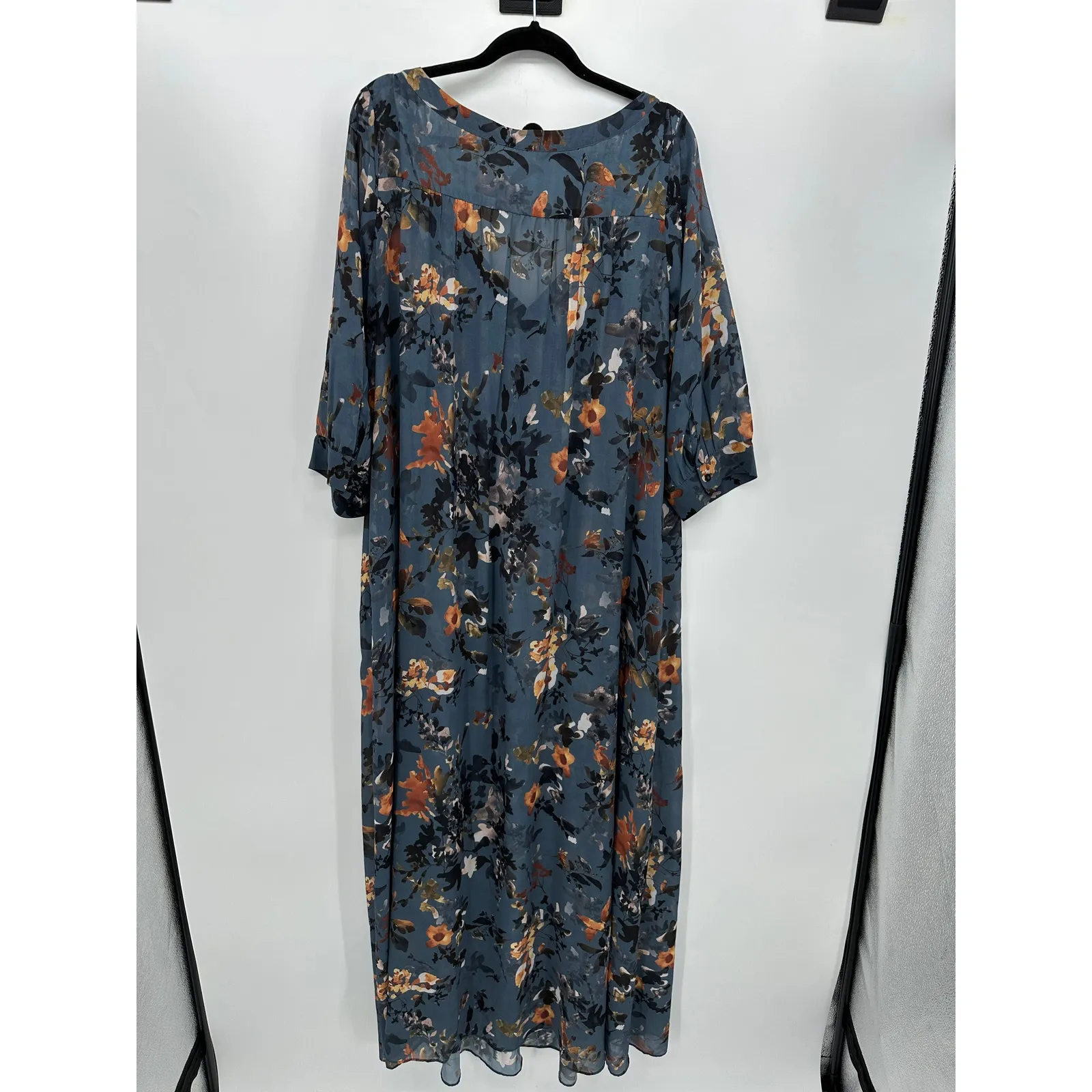 Wayward Fancies Pintuck Pleat Floral Print Georgette Shirtdress Women 2X Sheer Blue - Image 2