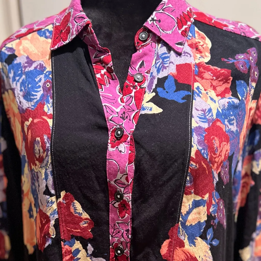 Free People Bunch A Brunch Tunic‎ Top Dress Black Motif Pink Purple Floral Small - Image 15