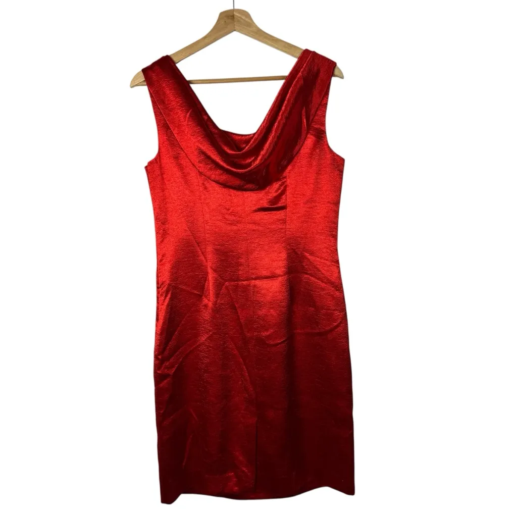 Petite Sophisticate Red Satin Cowl Neck Sheath Dress 8P - Image 2