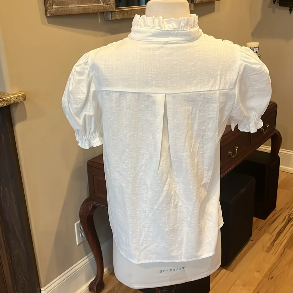 Embroidered Cotton Off White Ruffle Neck Short Sleeve Blouse New Size XS - Image 5