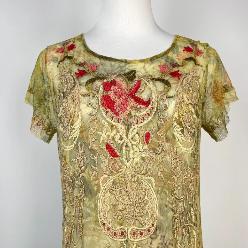 NWOT Johnny Was Arisoe Floral Mesh Embroidered Maxi Dress Green Orange Size S - Image 8