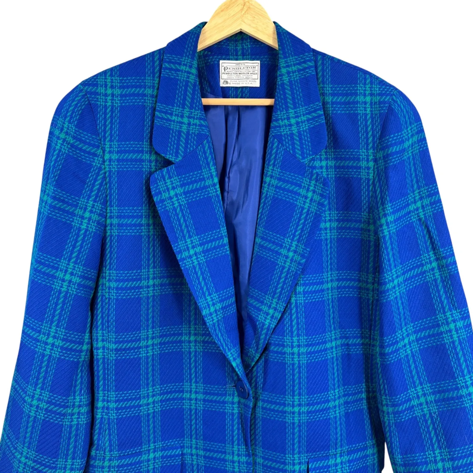 Vintage Pendleton Wool Blazer Plaid Blue Green One Button Preppy USA Womens 8 - Image 2