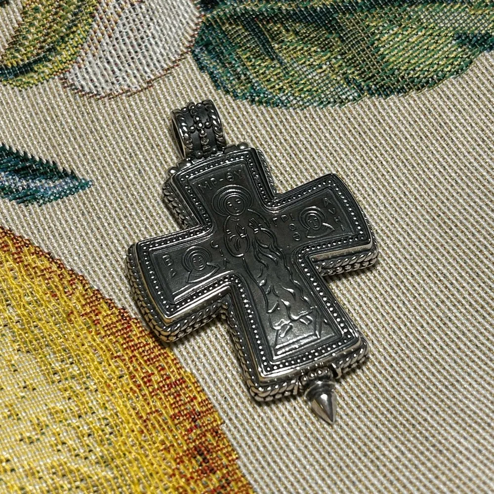 Konstantino Greece Sterling Silver 925 Etched Mother of God Cross Pendant - Image 3