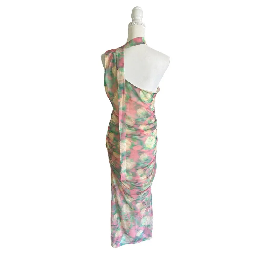 ASTR the Label Abstract Print Asymmetric Midi Green Pink Ruched Dress Size XL - Image 7