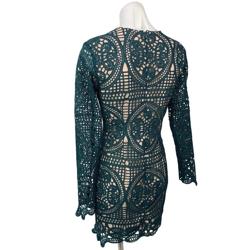 Do+Be Green Nude Crochet Knitted V-neck Party Cocktail Mini Bodycon Dress Size S - Image 2